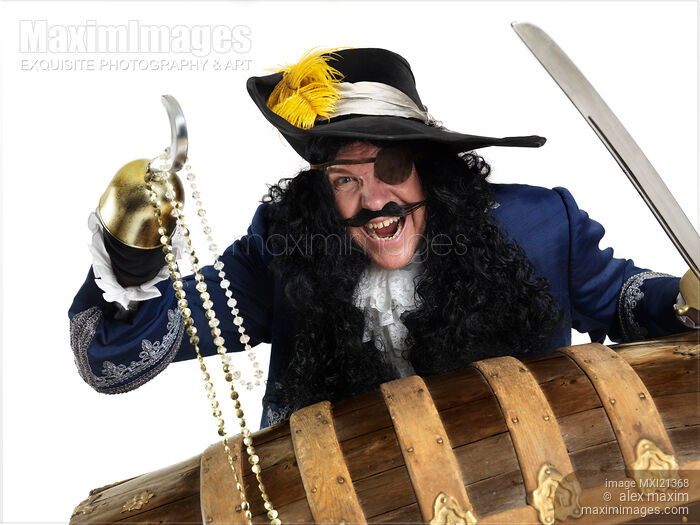 Stock photo of Pirate Opening a Treasure Chest Buy commercial use license at MaximImages