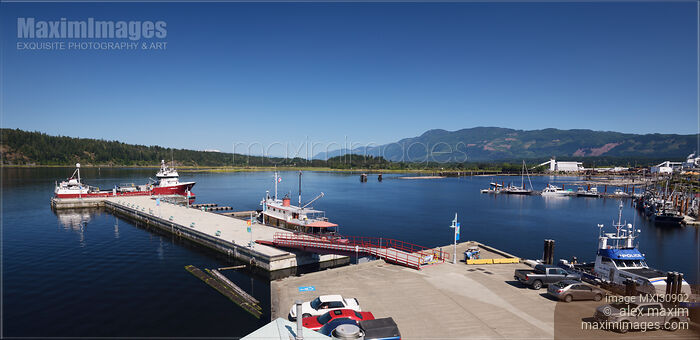 Stock photo of Port Alberni panoramic view of Alberni Inlet with docked ships Buy commercial use license at MaximImages
