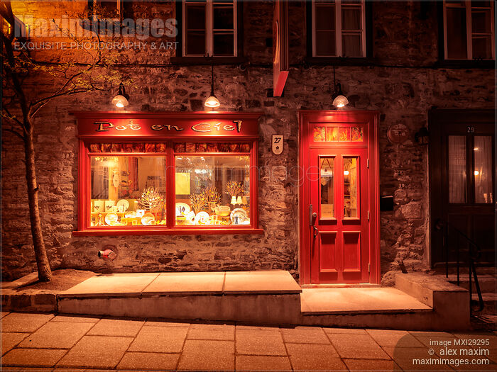 Pot en Ciel store front display at night on Rue du Petit Champlain in Quebec City Stock photo of Pot en Ciel store front display at night on Rue du Petit Champlain in Quebec City Buy commercial use license at MaximImages