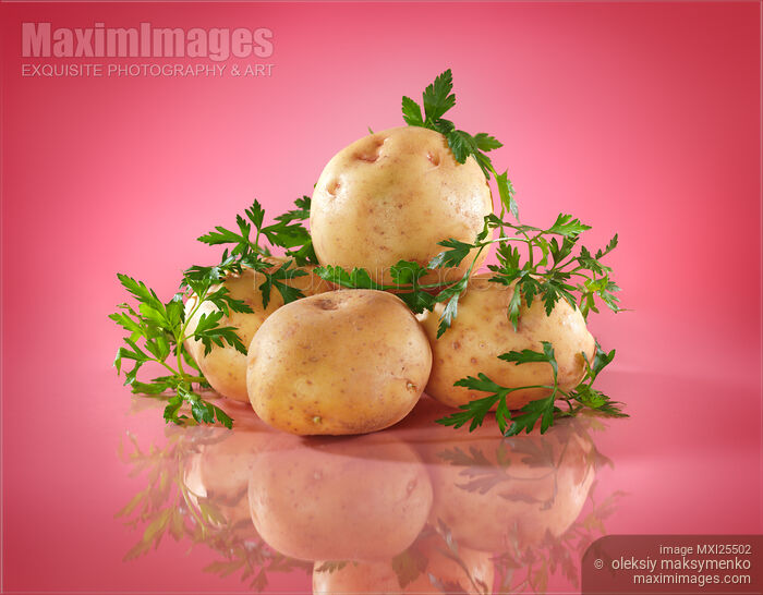 Stock photo of Potatoes on bright pink background Buy commercial use license at MaximImages
