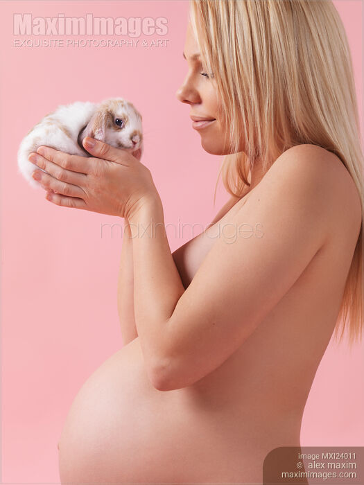 Pregant young woman holding a bunny in her hands Stock photo of Pregant young woman holding a bunny in her hands Buy commercial use license at MaximImages
