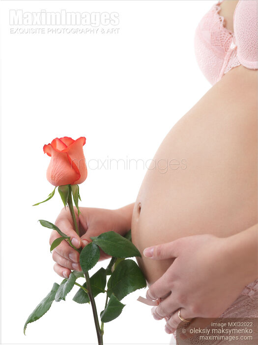 Stock photo of Pregnant Woman Holding a Red Rose Buy commercial use license at MaximImages