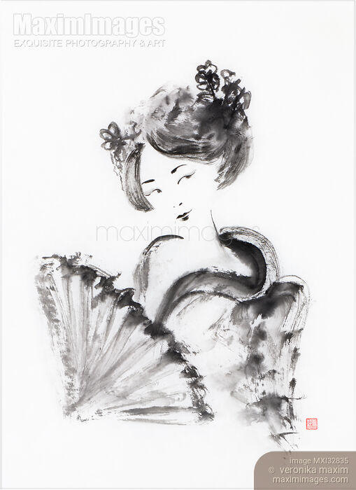 Stock image of Pretty Geisha with a hand fan Fine art Japanese Ink portrait sumi-e painting Buy commercial use license at MaximImages