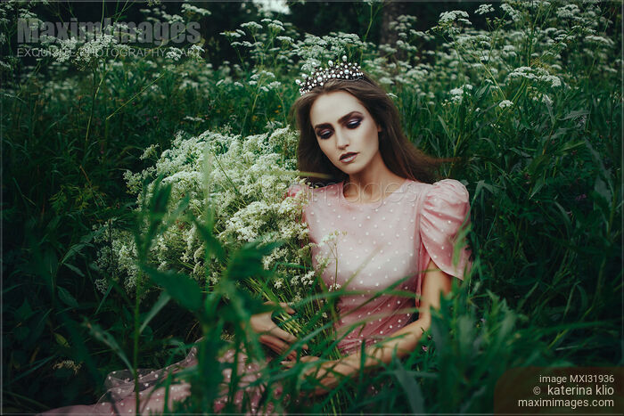 Stock photo of Princess a dress and a crown sitting alone thoughtfully in a field of wild yarrow flowers Buy commercial use license at MaximImages