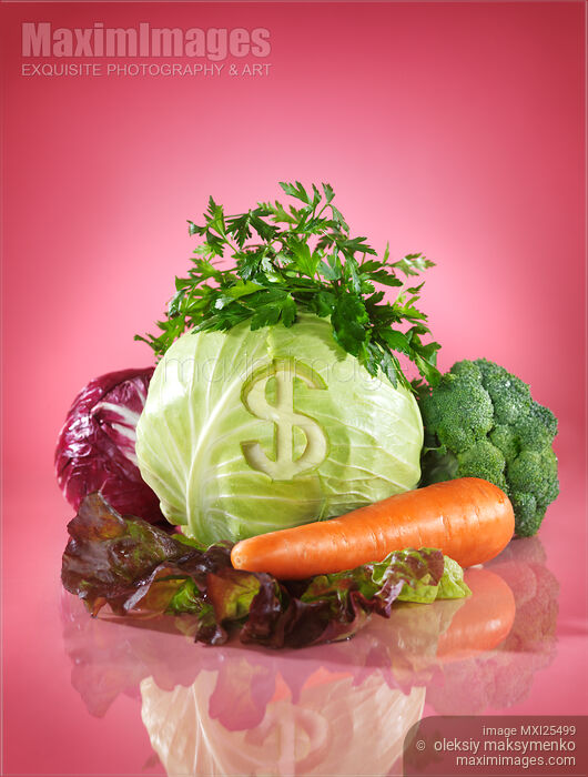 Stock photo of Produce and money food savings concept Buy commercial use license at MaximImages