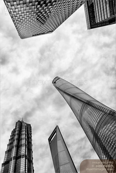 Pudong Shanghai modern architecture abstract view black and white Stock photo of Pudong Shanghai modern architecture abstract view black and white Buy commercial use license at MaximImages