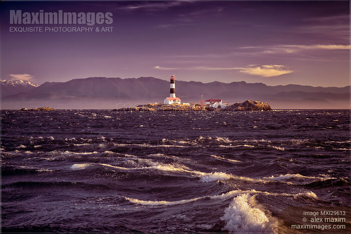 Race Rocks Lighthouse beautiful dramatic sunset scenery Vancouver Island Stock photo of Race Rocks Lighthouse beautiful dramatic sunset scenery Vancouver Island Buy commercial use license at MaximImages