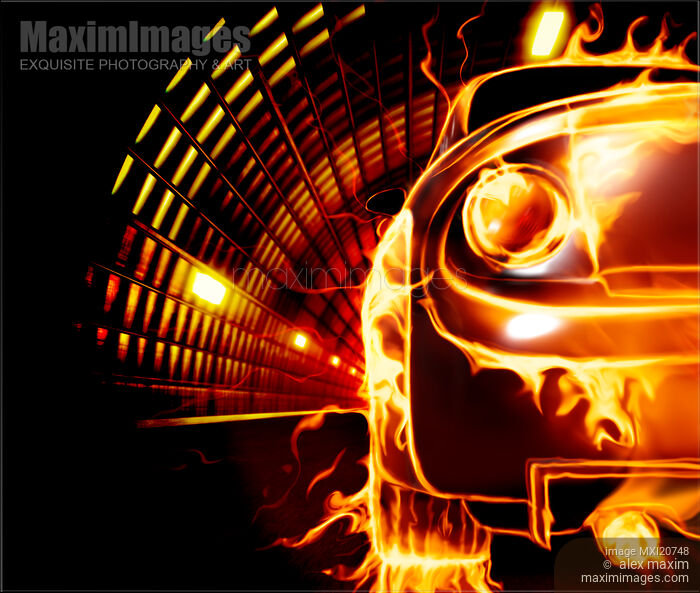 Stock image of Rear view of a Car in Flames Buy commercial use license at MaximImages