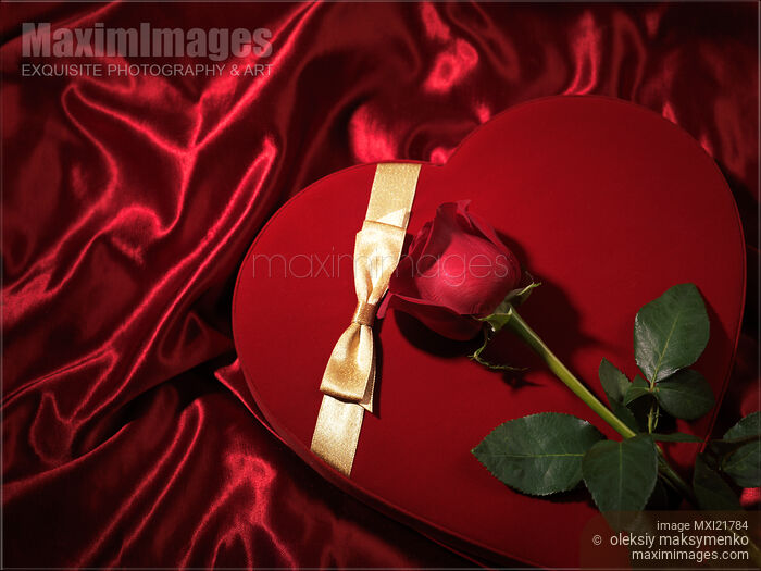 Stock photo of Red Heart-Shaped Gift Box and a Rose Buy commercial use license at MaximImages
