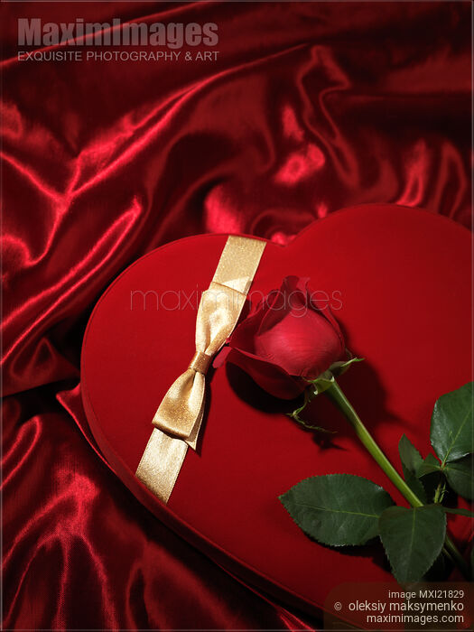 Stock photo of Red Heart-Shaped Gift Box and a Rose Buy commercial use license at MaximImages