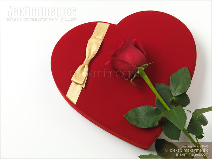 Stock photo of Red Heart-Shaped Gift Box and a Rose Buy commercial use license at MaximImages