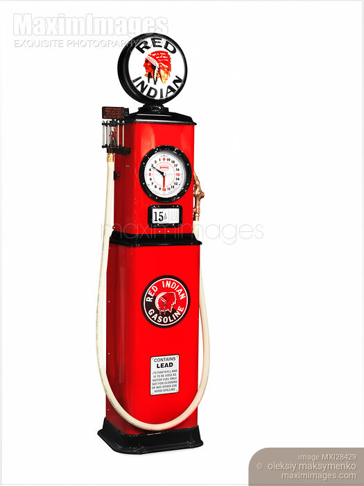 Stock photo of Red Indian Gasoline retro gas station pump Buy commercial use license at MaximImages