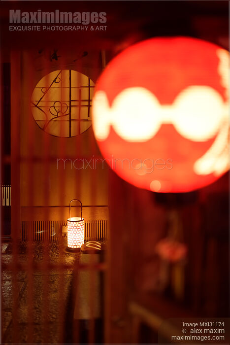Red lantern of a traditional Japanese tea house at night Stock photo of Red lantern of a traditional Japanese tea house at night Buy commercial use license at MaximImages