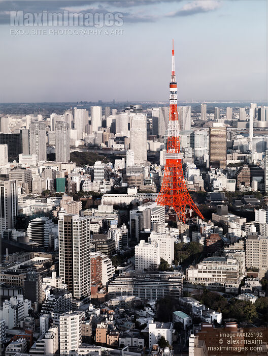 Stock photo of Red Tokyo Tower surrounded by Tokyo city buildings Buy commercial use license at MaximImages