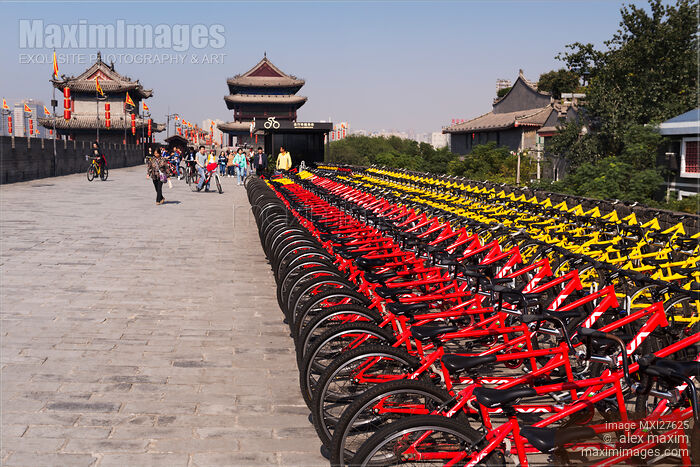 Stock photo of Rental bicycles at Xi'an city wall China Buy commercial use license at MaximImages