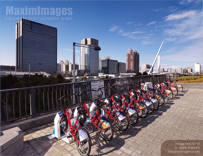 Stock photo of Rental bicycles on street in Odaiba Tokyo Buy commercial use license at MaximImages