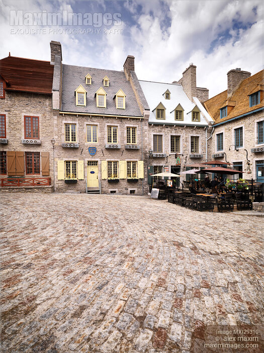 Stock photo of Restaurant La Pizz terrace and Galerie Place Royale in Royal Square of Old Quebec City Buy commercial use license at MaximImages