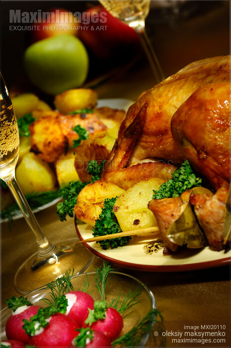 Roast chicken festive food still life Stock photo of Roast chicken festive food still life Buy commercial use license at MaximImages