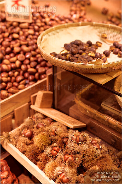 Stock photo of Roasted chestnuts Yakikuri at Nishiki food market stall in Kyoto Buy commercial use license at MaximImages