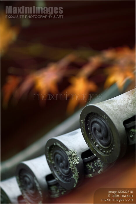 Stock photo of Roof eaves decorated with Kawara Japanese clay roof tile in autumn scenery of Kyoto Buy commercial use license at MaximImages