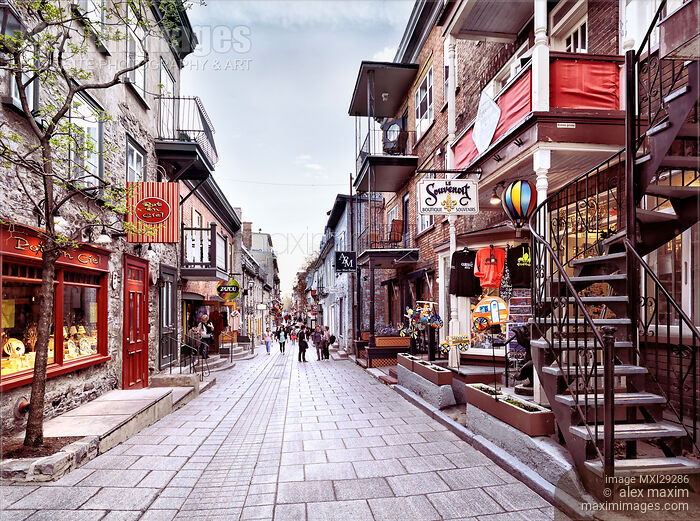 Stock photo of Rue du Petit Champlain colorful store displays of Old Quebec City Buy commercial use license at MaximImages