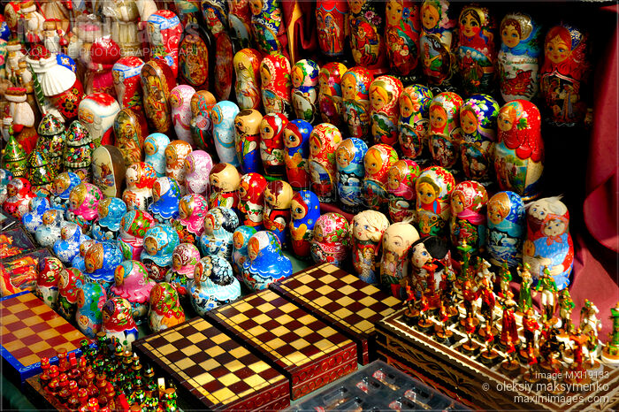 Stock photo of Russian souvenirs Matreshkas and other crafts Buy commercial use license at MaximImages