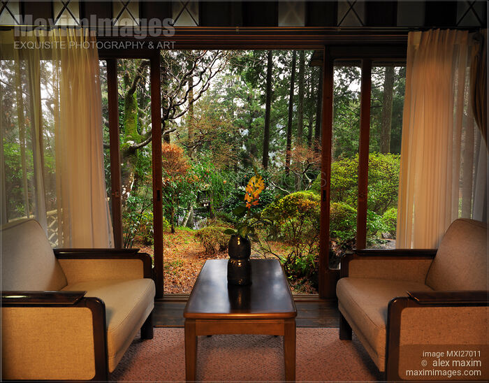 Stock photo of Ryokan room interior with open sliding door Buy commercial use license at MaximImages