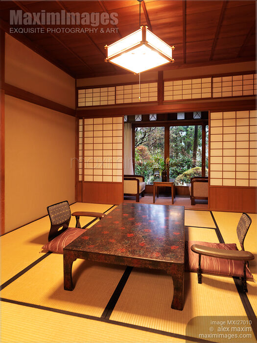 Stock photo of Ryokan traditional Japanese room interior with garden view Buy commercial use license at MaximImages
