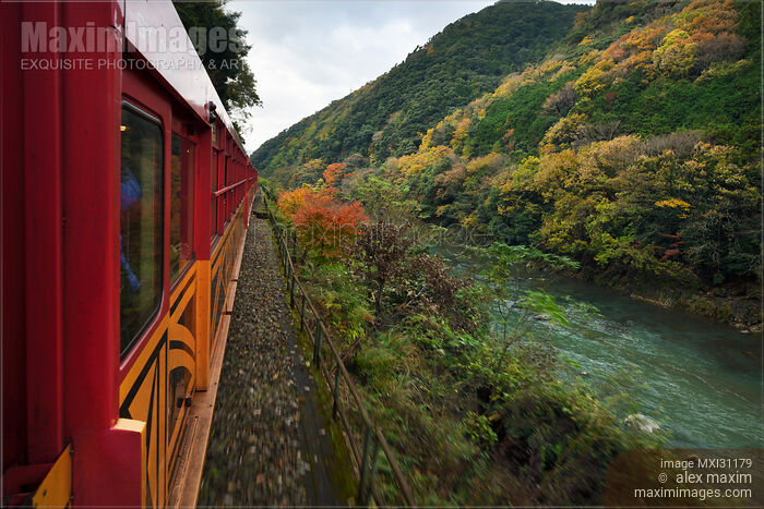 Sagano Scenic Railway Romantic train sightseeing ride along Hozukyo Ravine and Hozugawa river Stock photo of Sagano Scenic Railway Romantic train sightseeing ride along Hozukyo Ravine and Hozugawa river Buy commercial use license at MaximImages