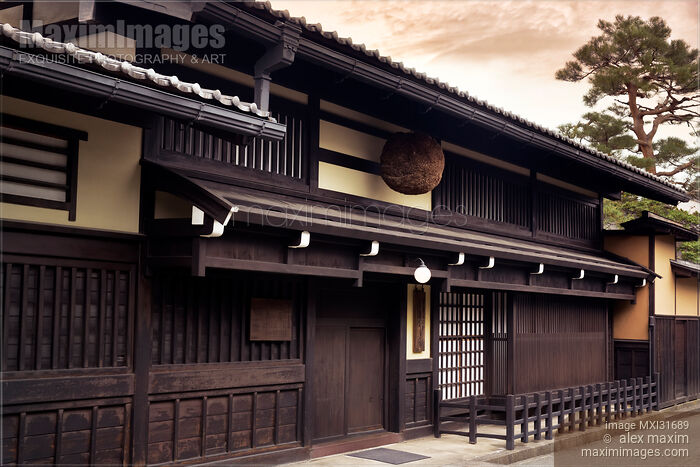 Stock photo of Sake brewery in Takayama old town with Sugidama cedar ball above entrance Japan Buy commercial use license at MaximImages