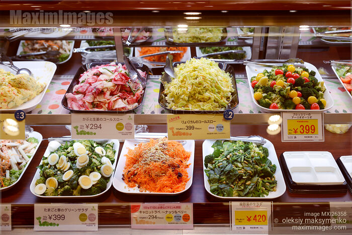 Stock photo of Salads on display at supermarket in Japan Buy commercial use license at MaximImages