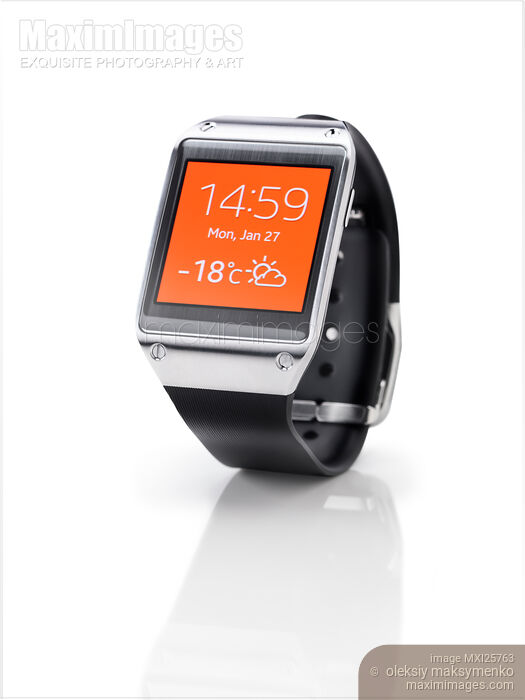 Stock photo of Samsung Galaxy Gear smartwatch closeup Buy commercial use license at MaximImages