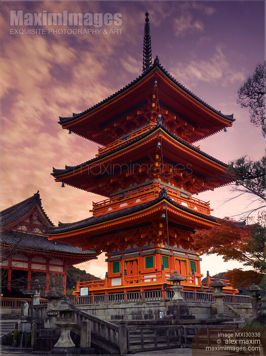 Stock photo of Sanjunoto pagoda Kiyomizu-dera Buddhist temple in Kyoto dramatic sunrise scenery Buy commercial use license at MaximImages