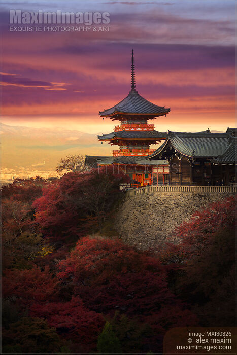 Stock photo of Sanjunoto pagoda with dramatic red sunset skies in autumn Kiyomizu-dera temple Kyoto Japan Buy commercial use license at MaximImages