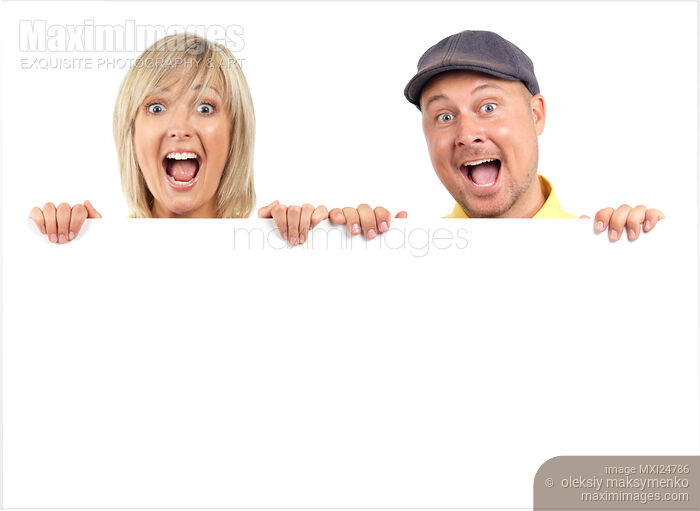 Screaming couple faces behind white sign Stock photo of Screaming couple faces behind white sign Buy commercial use license at MaximImages