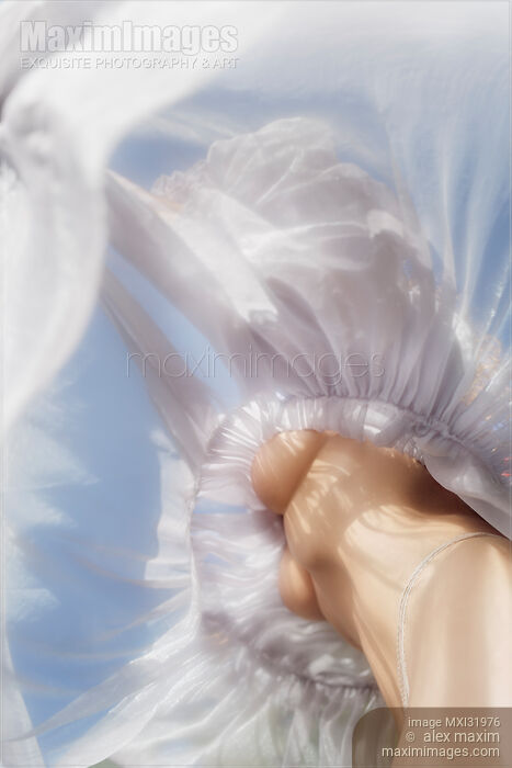 Stock photo of Sensual abstract of woman half nude body under a flying sheer summer dress Buy commercial use license at MaximImages