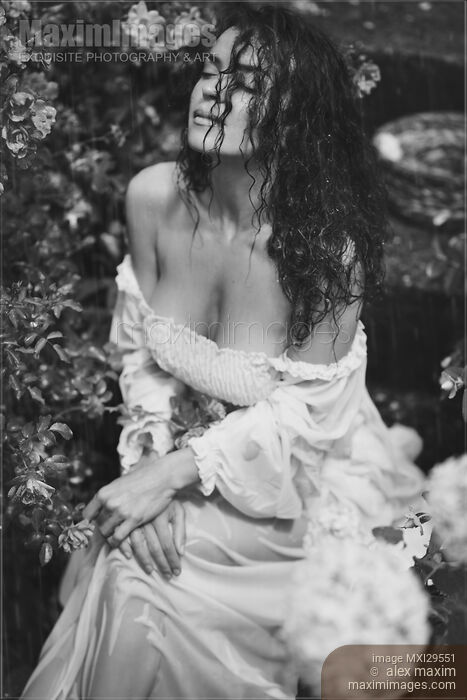 Sensual black and white portrait of a beautiful woman in wet clothes sitting in rose garden in the rain Stock photo of Sensual black and white portrait of a beautiful woman in wet clothes sitting in rose garden in the rain Buy commercial use license at MaximImages