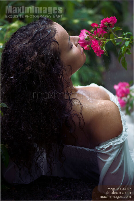 Stock photo of Sensual portrait of a beautiful woman in wet summer dress lying under the rain in a rose garden Buy commercial use license at MaximImages