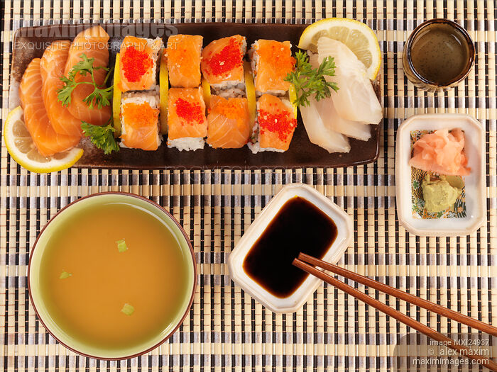 Stock photo of Served sushi rolls and miso Buy commercial use license at MaximImages