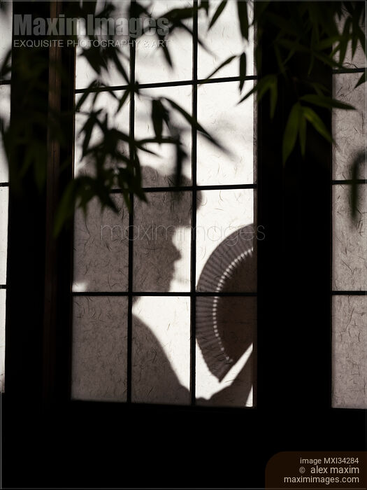 Stock photo of Shadow of a Japanese geisha with a hand fan behind shoji screen of traditional Japanese house at night Buy commercial use license at MaximImages