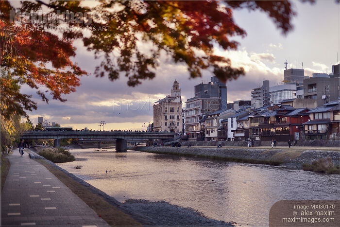 Shijo bridge over Kamo River in autumn sunset city scenery Kyoto Stock photo of Shijo bridge over Kamo River in autumn sunset city scenery Kyoto Buy commercial use license at MaximImages