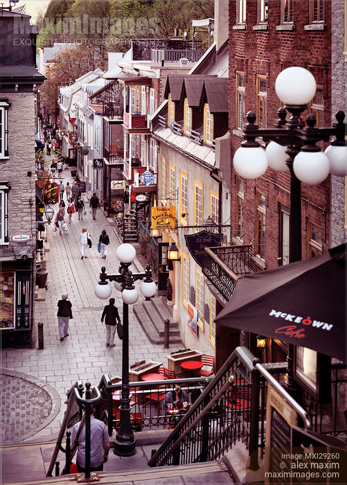 Stock photo of Shops and restaurants on historic street Rue du Petit Champlain of Old Quebec City Buy commercial use license at MaximImages