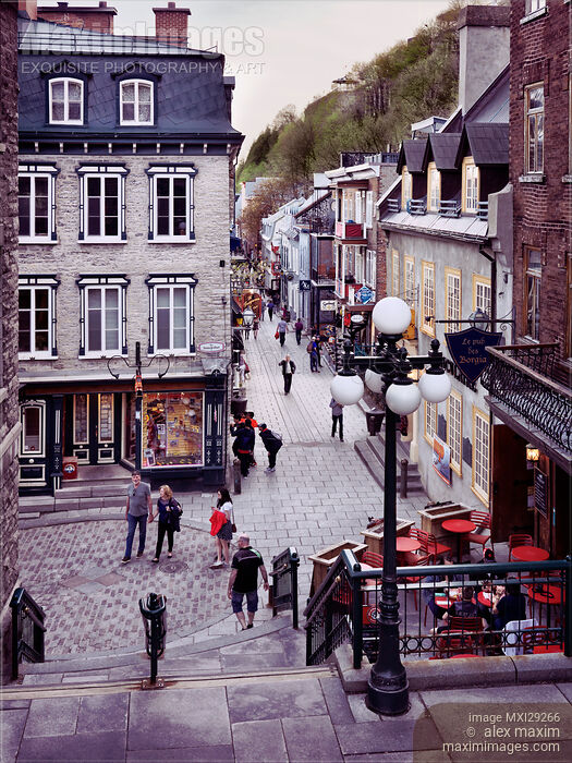 Stock photo of Shops and restaurants on historic streets of Old Quebec City Rue Sous-Le-Fort and Rue du Petit-Champlain Buy commercial use license at MaximImages