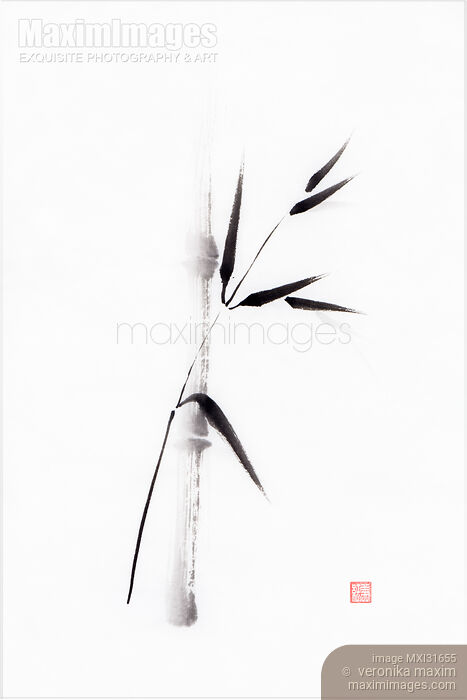 Single bamboo stalk and a branch with leaves sumi-e black ink painting Stock image of Single bamboo stalk and a branch with leaves sumi-e black ink painting Buy commercial use license at MaximImages