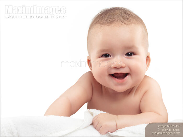 Smiling Four Month Old Baby Boy on white Stock photo of Smiling Four Month Old Baby Boy on white Buy commercial use license at MaximImages