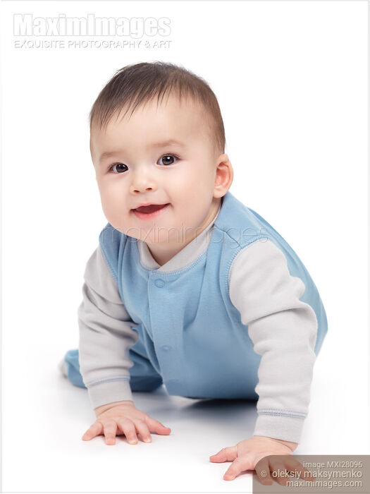 Stock photo of Smiling Seven Month Old Baby Boy Crawling Buy commercial use license at MaximImages