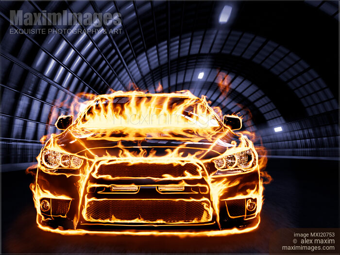 Stock image of Sports Car in Flames Buy commercial use license at MaximImages