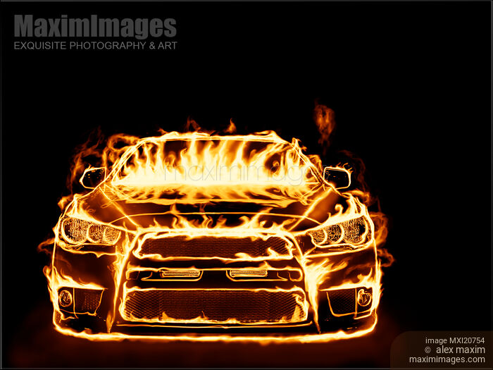 Stock image of Sports Car in Flames on Black Background Buy commercial use license at MaximImages