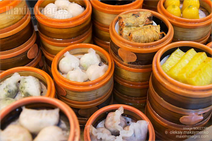 Stock photo of Steamed Dim Sum baskets at dumpling restaurant Buy commercial use license at MaximImages