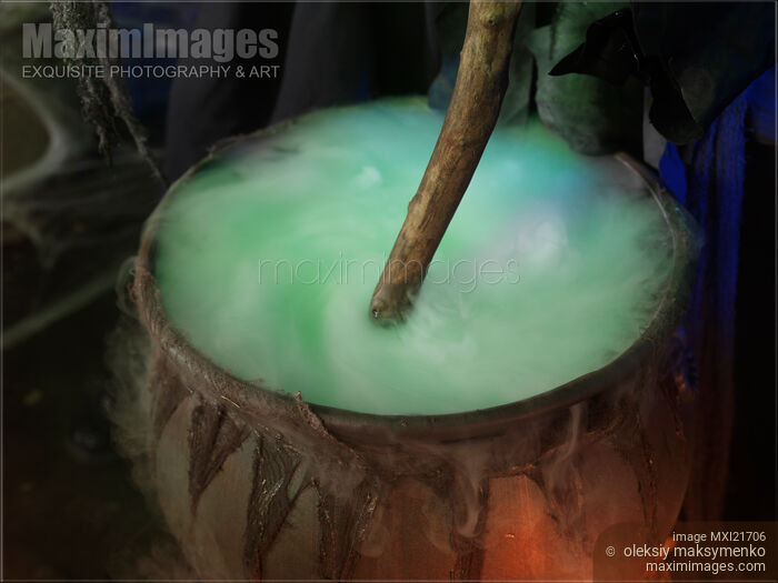 Stock photo of Steaming Cauldron in a Witch Cabin Buy commercial use license at MaximImages